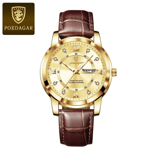 POEDAGAR Luxury Business Men Watch Waterproof Luminous Week Date Man Wristwatch High Quality Leather Sports Men's Quartz Watches - MANDOTOS