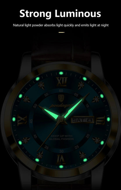 POEDAGAR Luxury Business Men Watch Waterproof Luminous Week Date Man Wristwatch High Quality Leather Sports Men's Quartz Watches - MANDOTOS