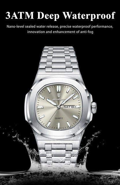 POEDAGAR Luxury Military Man Watch Square Waterproof Luminous Date Week Men Watch Stainless Steel Quartz Men's Watches Reloj+box - MANDOTOS