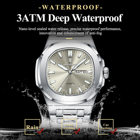 POEDAGAR Luxury Military Man Watch Square Waterproof Luminous Date Week Men Watch Stainless Steel Quartz Men's Watches Reloj+box - MANDOTOS
