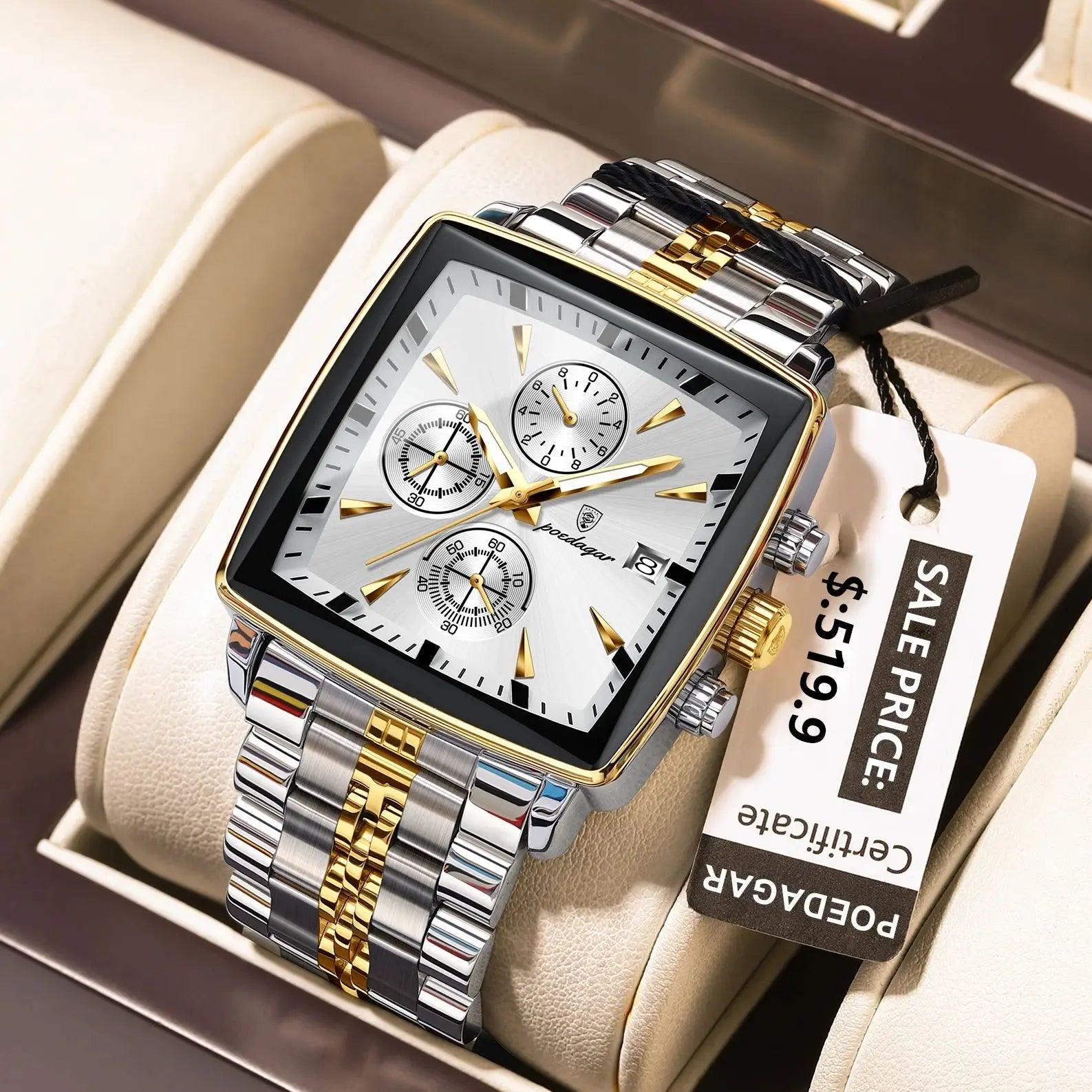 POEDAGAR Luxury Square Sport Man Wristwatch Waterproof Luminous Chronograph Quartz Men's Watches Stainless Steel Men Watch Reloj - MANDOTOS