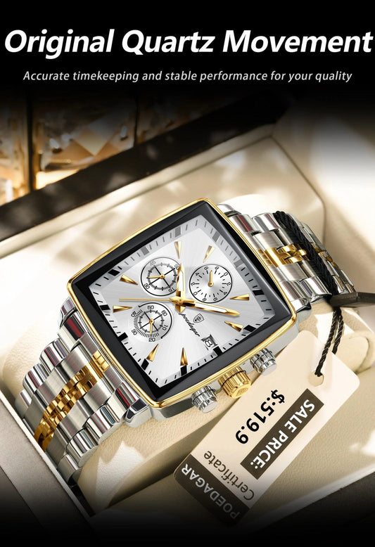 POEDAGAR Luxury Square Sport Man Wristwatch Waterproof Luminous Chronograph Quartz Men's Watches Stainless Steel Men Watch Reloj - MANDOTOS