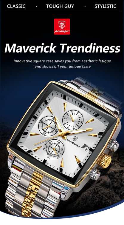 POEDAGAR Luxury Square Sport Man Wristwatch Waterproof Luminous Chronograph Quartz Men's Watches Stainless Steel Men Watch Reloj - MANDOTOS