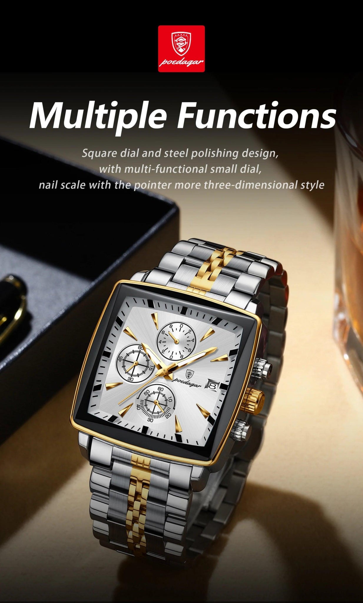 POEDAGAR Luxury Square Sport Man Wristwatch Waterproof Luminous Chronograph Quartz Men's Watches Stainless Steel Men Watch Reloj - MANDOTOS