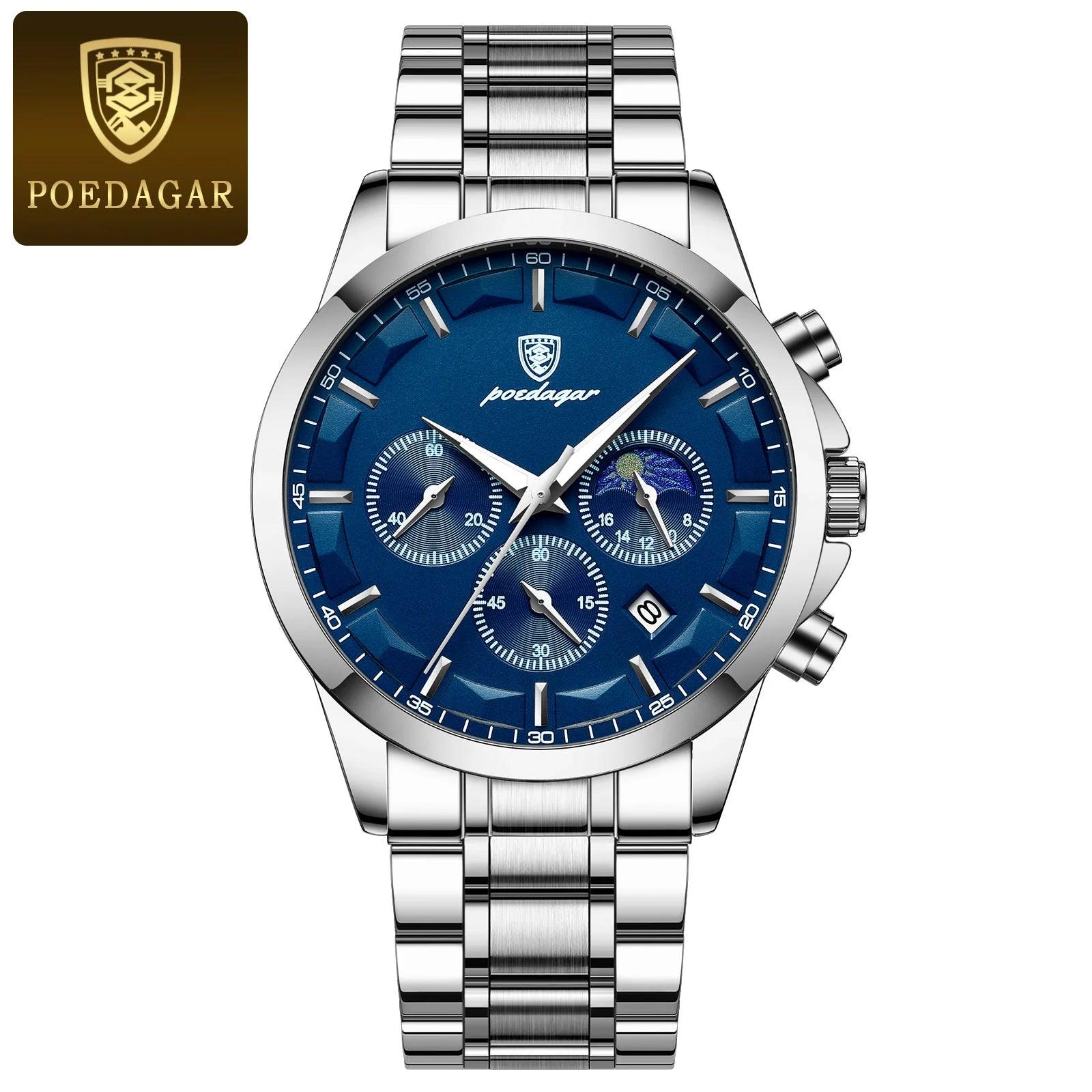 POEDAGAR Men Quartz Watch Luxury Sports Waterproof Chronograph Luminous Date Man Wristwatch Business Leather Men's Watches Clock - MANDOTOS