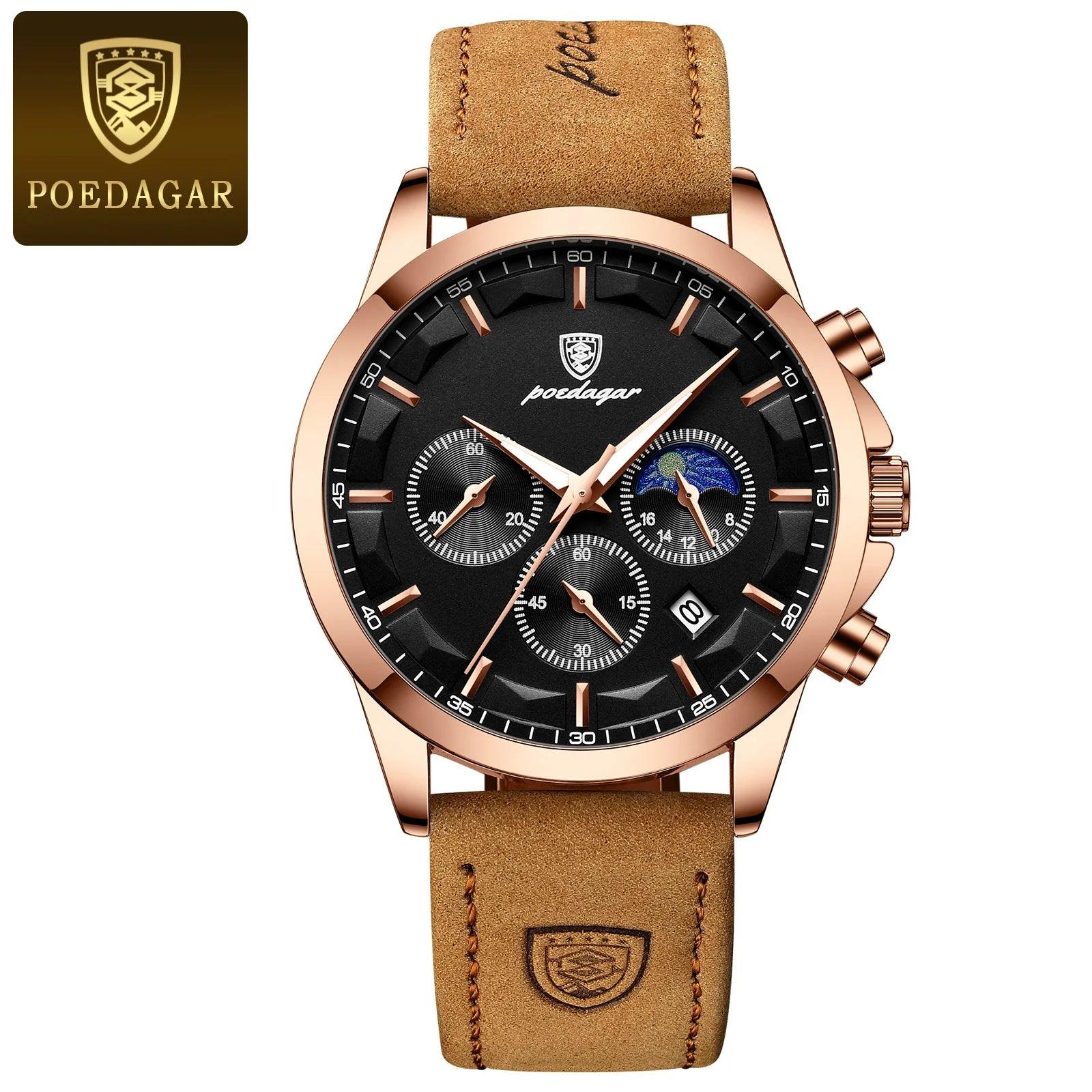 POEDAGAR Men Quartz Watch Luxury Sports Waterproof Chronograph Luminous Date Man Wristwatch Business Leather Men's Watches Clock - MANDOTOS