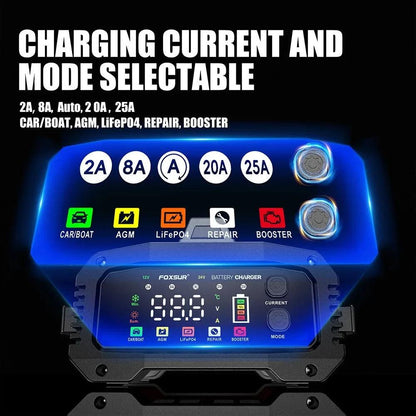 Portable 25A/15A Smart Car Battery Charger for 12V-24V Motorcycle Lead Acid AGM GEL LiFePo4 Batteries Car Booster Pulse Repair - MANDOTOS