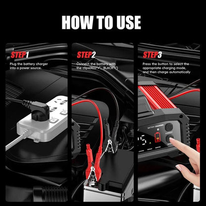 Portable 25A/15A Smart Car Battery Charger for 12V-24V Motorcycle Lead Acid AGM GEL LiFePo4 Batteries Car Booster Pulse Repair - MANDOTOS