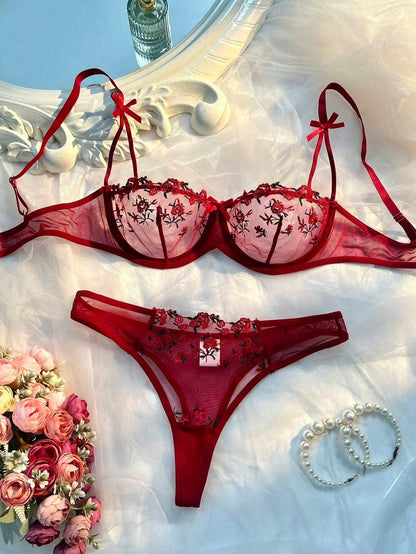 Round Up Night Beautiful Sexy Women 2 Piece Floral Embroidery Underwear Sexy Erotic Lingerie Underwear Lenceria Sexy Sets - MANDOTOS