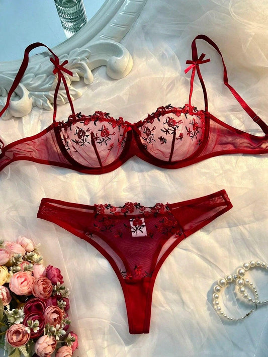 Round Up Night Beautiful Sexy Women 2 Piece Floral Embroidery Underwear Sexy Erotic Lingerie Underwear Lenceria Sexy Sets - MANDOTOS