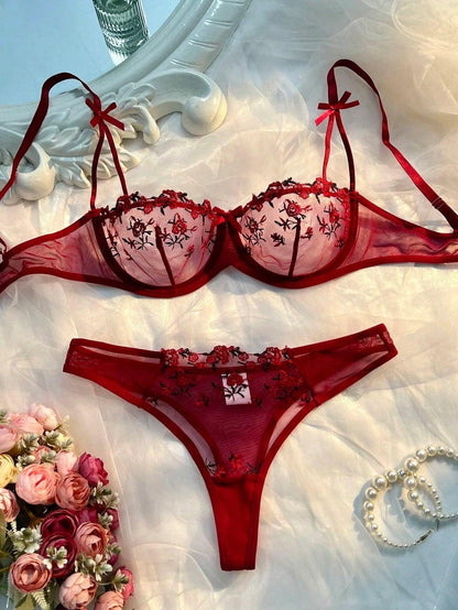 Round Up Night Beautiful Sexy Women 2 Piece Floral Embroidery Underwear Sexy Erotic Lingerie Underwear Lenceria Sexy Sets - MANDOTOS