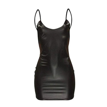 Sexy Faux Leather Dress Backless Club Party Short Dress Solid Black Wet Look Latex Bodycon Push Up Bra Mini Micro Dress - MANDOTOS