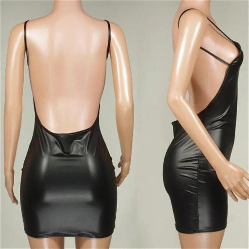 Sexy Faux Leather Dress Backless Club Party Short Dress Solid Black Wet Look Latex Bodycon Push Up Bra Mini Micro Dress - MANDOTOS