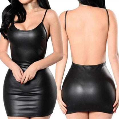 Sexy Faux Leather Dress Backless Club Party Short Dress Solid Black Wet Look Latex Bodycon Push Up Bra Mini Micro Dress - MANDOTOS