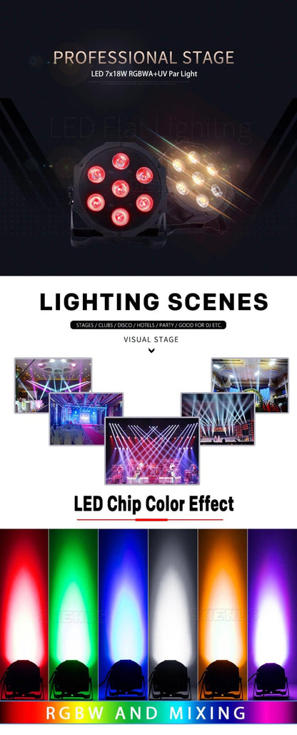 SHEHDS HOT LED Flat Par 7X18W/7X12W RGBWA+UV/RGBW Light Family Birthday Party Theater Wedding Christmas Lights - MANDOTOS