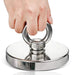 Super strong neodymium fishing magnet with eyebolt and countersunk hole, heavy-duty salvage magnetic fishing tool.