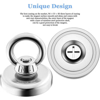 Heavy-duty super strong neodymium fishing magnet with countersunk hole and eyebolt, ideal for salvage and magnetic fishing.