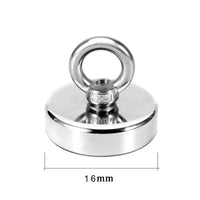 Heavy-duty neodymium fishing magnet with countersunk hole and eyebolt for salvage and magnetic fishing applications.
