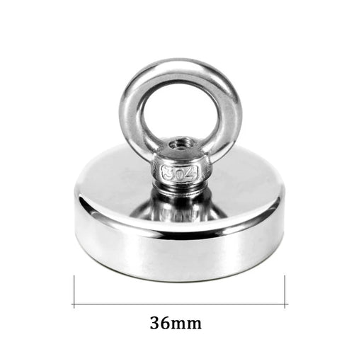 Super strong neodymium fishing magnet with countersunk hole and eyebolt, ideal for salvage and magnetic fishing tasks.
