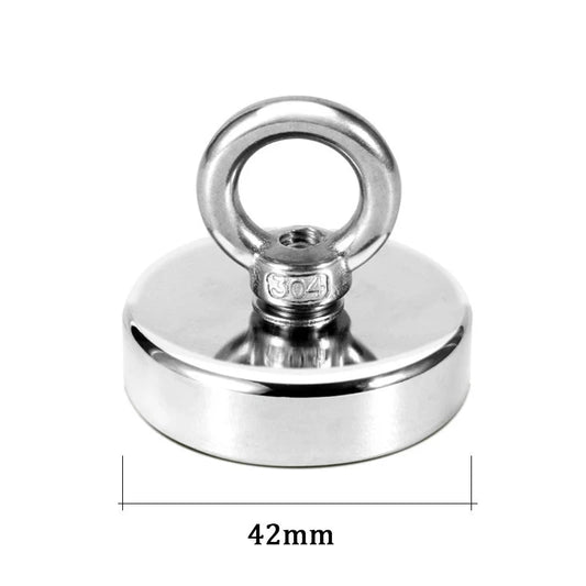 Heavy-duty neodymium fishing magnet with countersunk hole and eyebolt, designed for salvage and magnetic fishing.