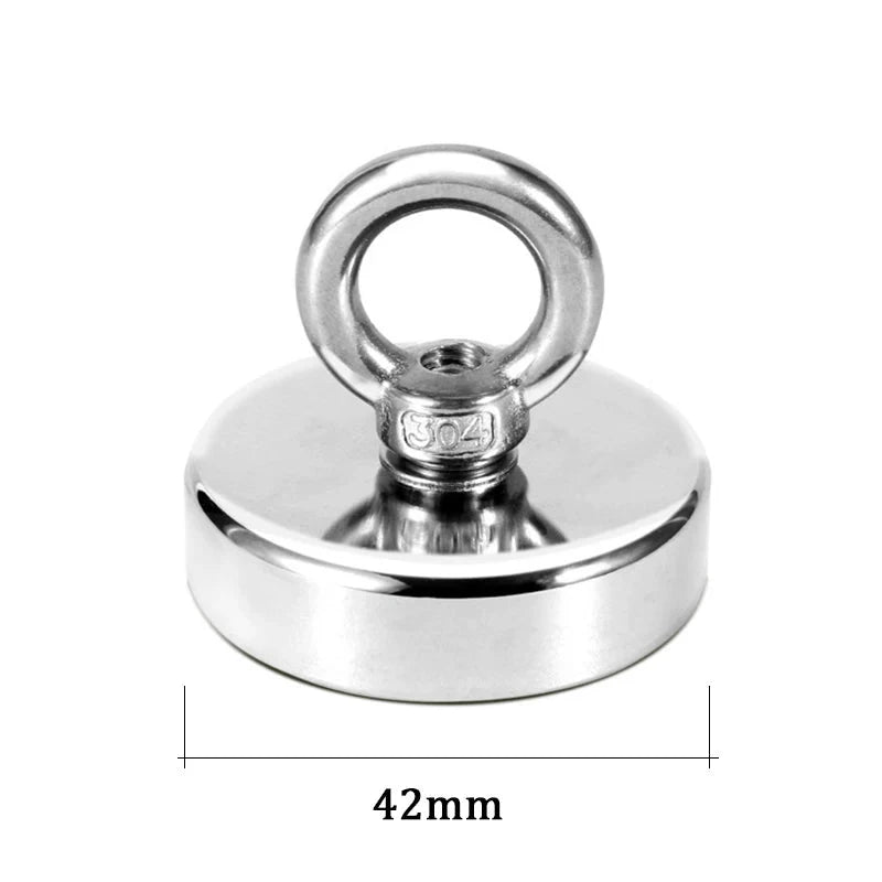 Heavy-duty neodymium fishing magnet with countersunk hole and eyebolt, designed for salvage and magnetic fishing.