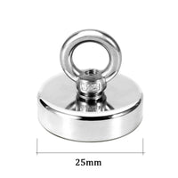 Super strong neodymium fishing magnet with countersunk hole and eyebolt for salvage and magnetic fishing applications.
