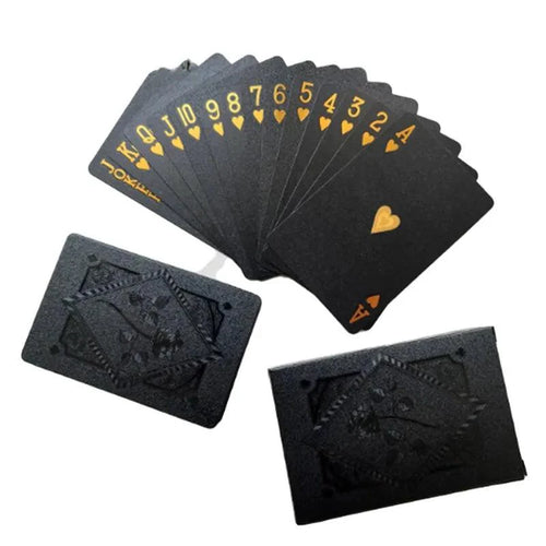 Black and gold waterproof playing card set from Dmagic, featuring poker suits for card games and magic tricks.