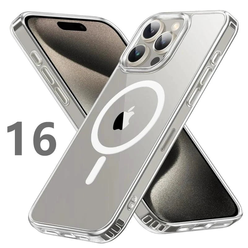 MagSafe compatible magnetic clear case for iPhone 16 to 11 Pro Max, showing the slim design and wireless charging compatibility.