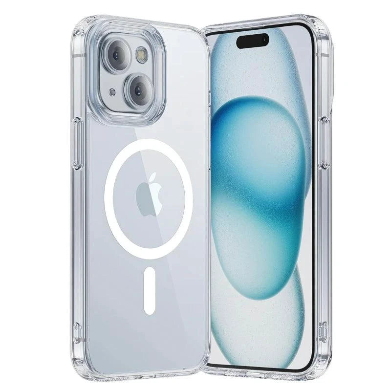 MagSafe compatible magnetic clear case for iPhone 12 to 16 Pro Max, showing sleek transparent design and wireless charging compatibility.