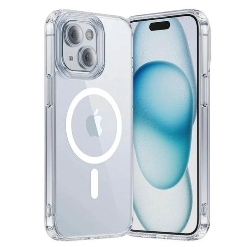 MagSafe compatible magnetic clear case for iPhone 12 to 16 Pro Max, showing sleek transparent design and wireless charging compatibility.