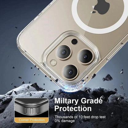 MagSafe-compatible clear iPhone case for models 11 to 16 Pro Max, featuring magnetic ring and wireless charging compatibility.