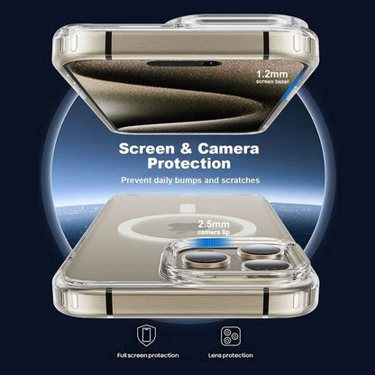 Clear MagSafe compatible iPhone case for models 12 to 16 Pro Max, with magnetic ring and wireless charging capability.