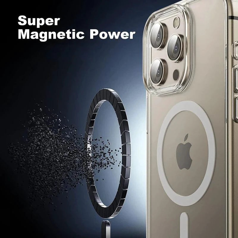 MagSafe compatible clear iPhone case with magnetic ring for iPhone 11 to 16 Pro Max, showing slim design and wireless charging feature.