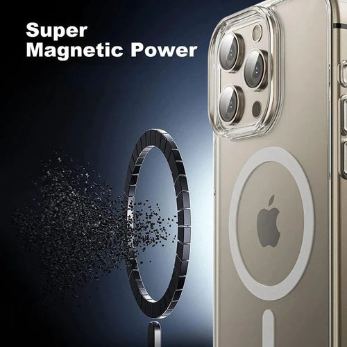 MagSafe compatible clear iPhone case with magnetic ring for iPhone 11 to 16 Pro Max, showing slim design and wireless charging feature.