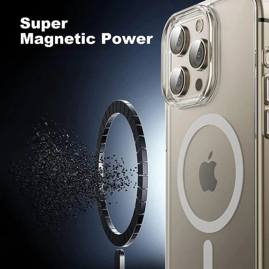 MagSafe compatible clear iPhone case with magnetic ring for iPhone 11 to 16 Pro Max, showing slim design and wireless charging feature.