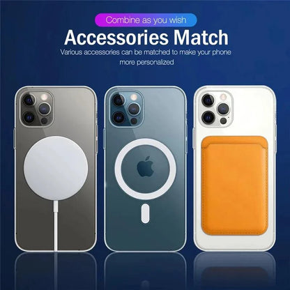 MagSafe compatible clear iPhone case for models 11 to 16 Pro Max with magnetic edges, wireless charging ready.