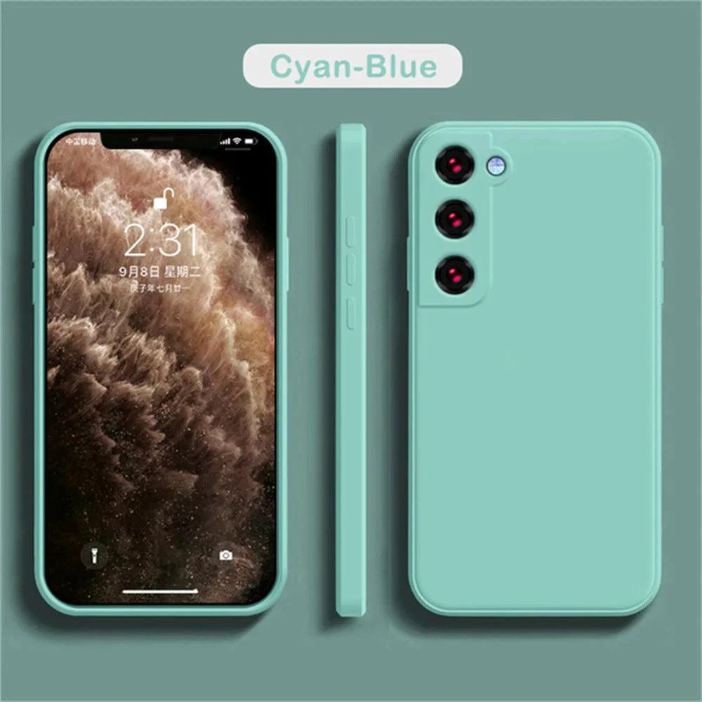 Luxury silicone case for Samsung Galaxy S24, S20, S21, S22, S23, Note 10, 20 featuring sleek design and liquid protection.