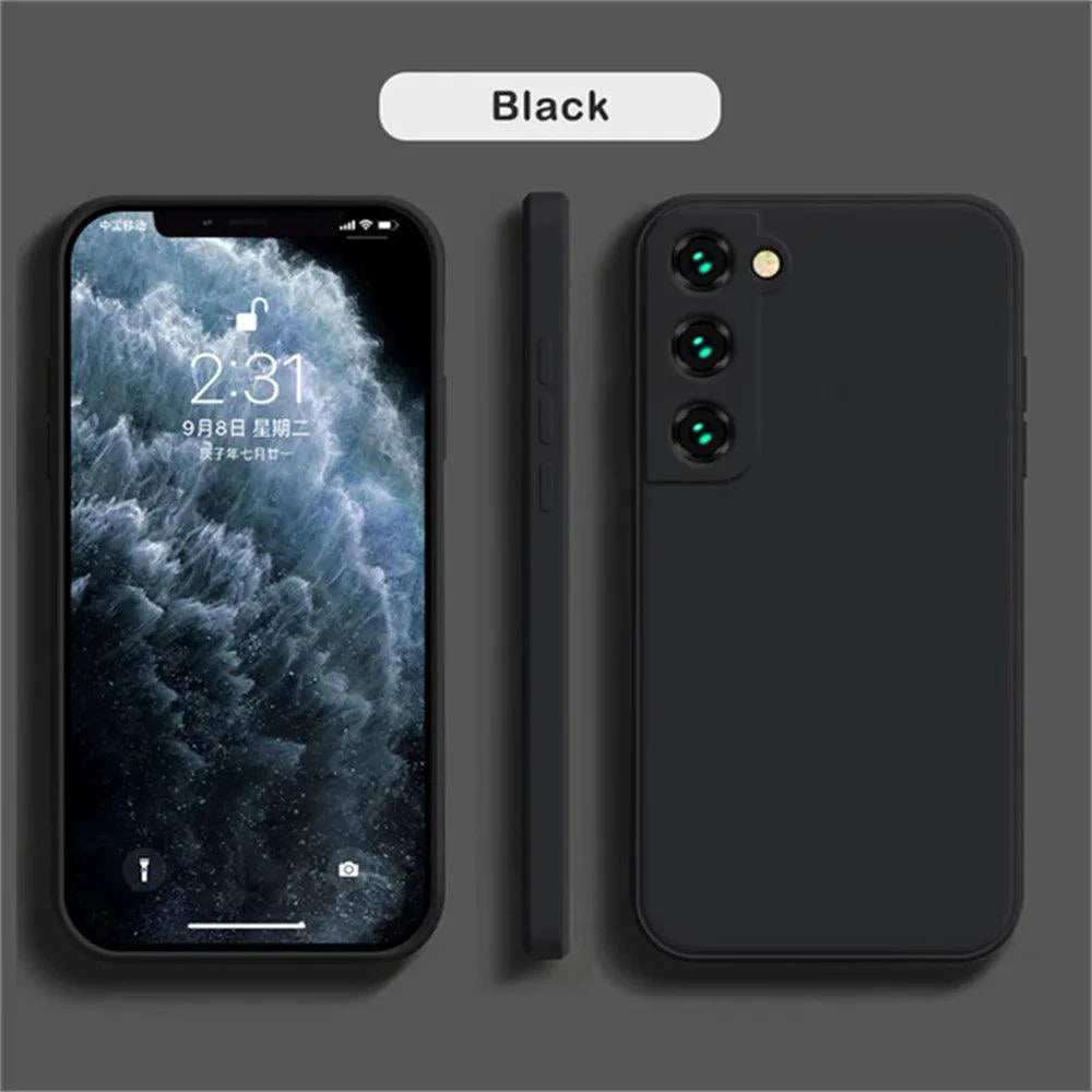 Luxury silicone phone case for Samsung Galaxy S24/S20/S21/S22/S23 and Note 10/20, featuring a sleek design and liquid protection.