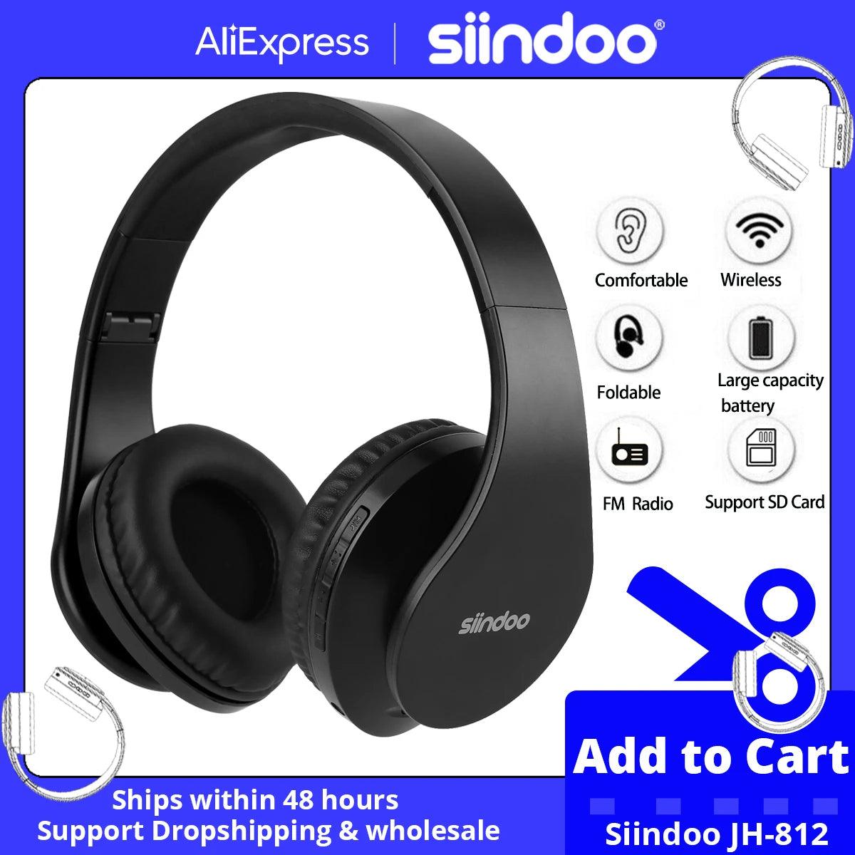 Siindoo JH-812 Black Bluetooth Headphone Foldable Stereo Music Earphones FM and Support SD Card with Mic for Mobile Samsung PC - MANDOTOS