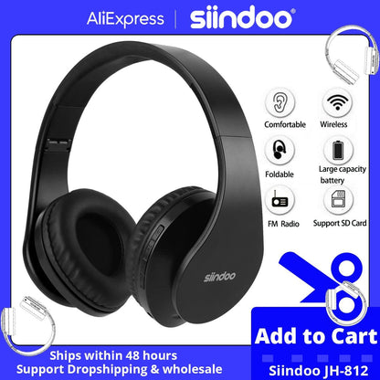 Siindoo JH-812 Black Bluetooth Headphone Foldable Stereo Music Earphones FM and Support SD Card with Mic for Mobile Samsung PC - MANDOTOS