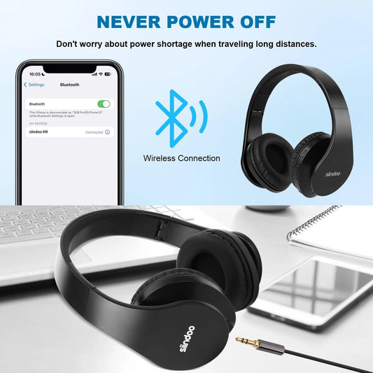 Siindoo JH-812 Black Bluetooth Headphone Foldable Stereo Music Earphones FM and Support SD Card with Mic for Mobile Samsung PC - MANDOTOS
