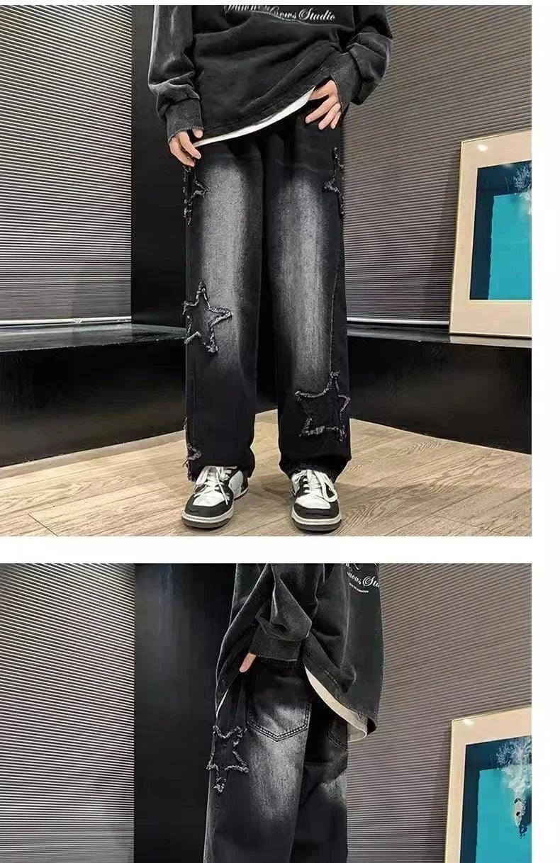 Stars Patchwork Men Jeans New Fashion Y2K Tassel Pants Korea Clothes Straight Hip Hop Splicing Trousers Male Streetwear - MANDOTOS