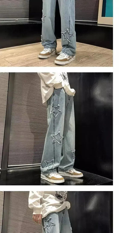 Stars Patchwork Men Jeans New Fashion Y2K Tassel Pants Korea Clothes Straight Hip Hop Splicing Trousers Male Streetwear - MANDOTOS
