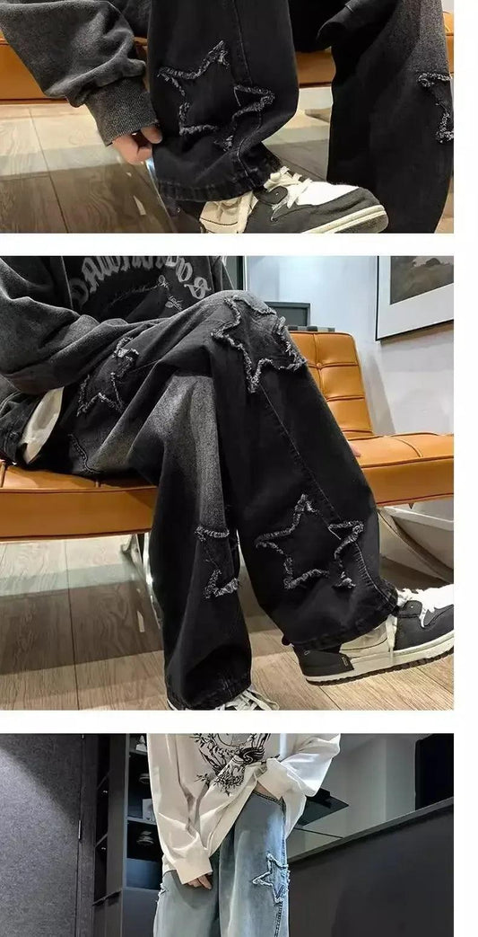 Stars Patchwork Men Jeans New Fashion Y2K Tassel Pants Korea Clothes Straight Hip Hop Splicing Trousers Male Streetwear - MANDOTOS