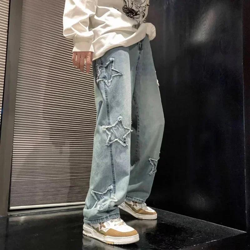 Stars Patchwork Men Jeans New Fashion Y2K Tassel Pants Korea Clothes Straight Hip Hop Splicing Trousers Male Streetwear - MANDOTOS