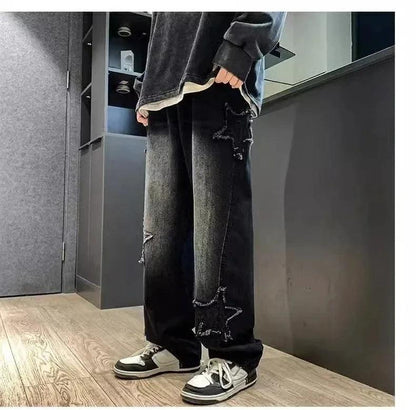 Stars Patchwork Men Jeans New Fashion Y2K Tassel Pants Korea Clothes Straight Hip Hop Splicing Trousers Male Streetwear - MANDOTOS