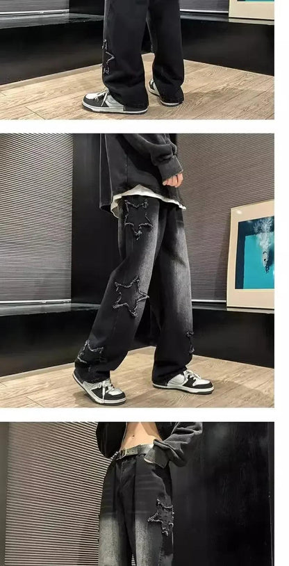 Stars Patchwork Men Jeans New Fashion Y2K Tassel Pants Korea Clothes Straight Hip Hop Splicing Trousers Male Streetwear - MANDOTOS