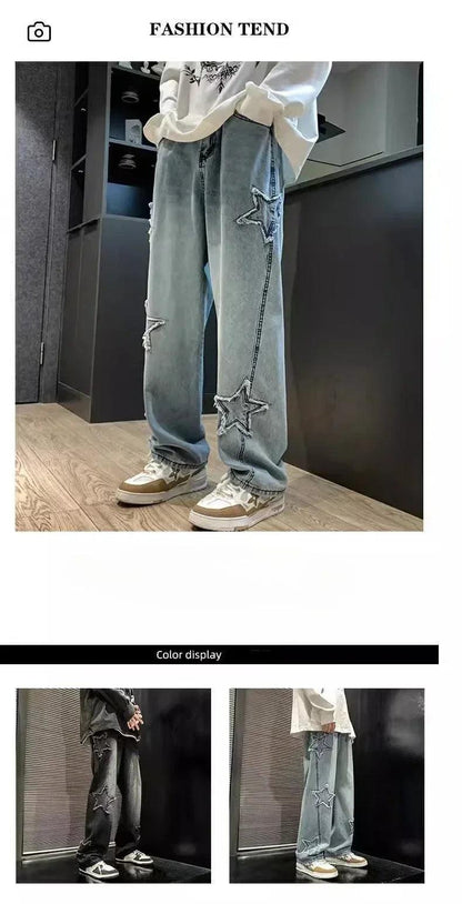 Stars Patchwork Men Jeans New Fashion Y2K Tassel Pants Korea Clothes Straight Hip Hop Splicing Trousers Male Streetwear - MANDOTOS