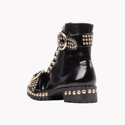 Studded Leather Buckle Boots - MANDOTOS