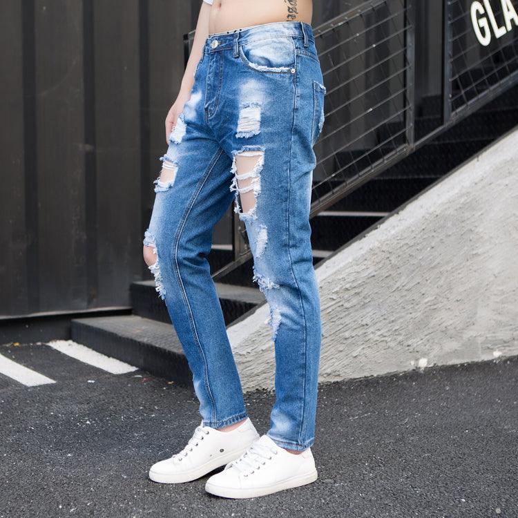 Summer Big Ripped Oversized Jeans Men's Cropped Jeans Men's Trendy K-style Beggar Scrape Cropped Ripped Pants - MANDOTOS